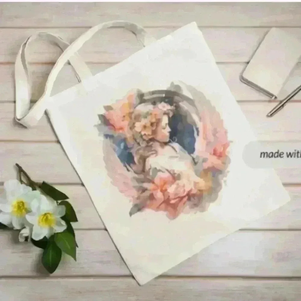 Floral angel girl canvas recycled tote bag